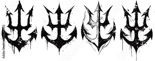 Grunge trident tattoo designs set with dripping ink and distressed texture in black