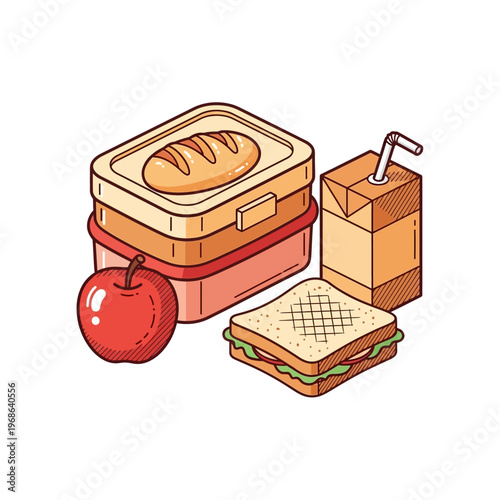 Isometric illustration of a packed lunch with a sandwich, apple, juice box, and lunchbox.