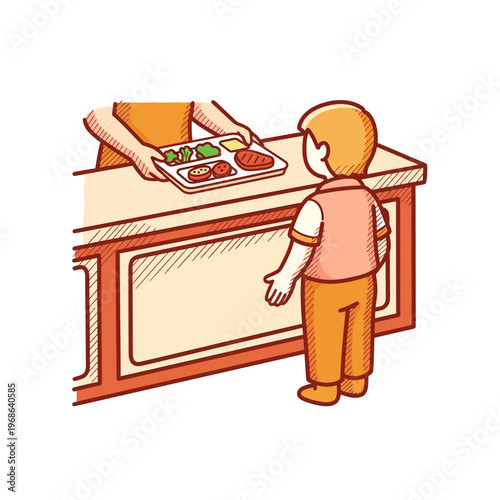 A child receiving a meal tray from a server at a cafeteria counter, depicting a school lunch scene.