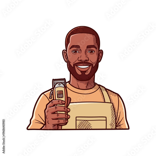 A smiling Black barber wearing an apron and holding a hair clipper, depicted in a friendly cartoon illustration style.