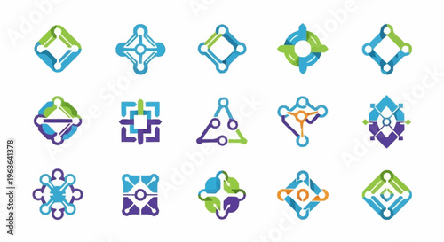 Collection of abstract technology connection logos with geometric shapes.
