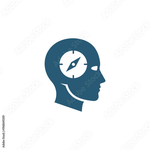 A blue silhouette of a human head with a compass inside.