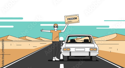 Man Hitchhiking on Desert Road with Freedom Sign, Car Waiting