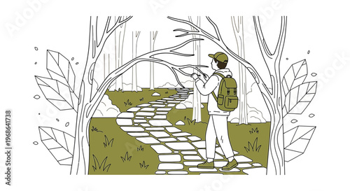 Man Hiking on Stone Path Through Forest, Solo Adventure