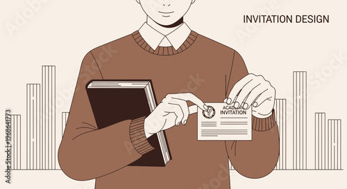 Man Holding Academic Invitation Card with Book, Graphic Design Concept