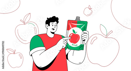 Man Holding Apple Juice Pouch with Fruit Illustration