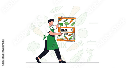 Man holding a bag of healthy mixed vegetables, illustration