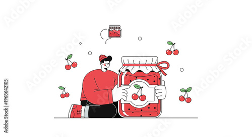 Man Holding Giant Jar of Cherry Jam, Homemade Food Preservation, Vector Illustration