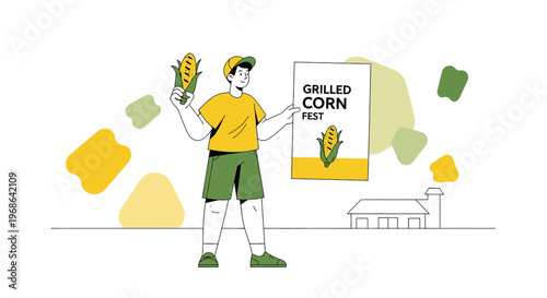 Man holding grilled corn and festival poster, vector illustration