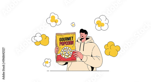Man Holding Gourmet Popcorn Bag Surrounded by Popping Kernels