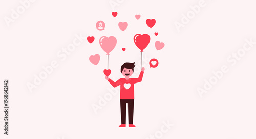 Man Holding Heart Balloons and Icons, Love and Romance Concept