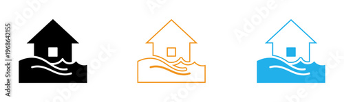 Flood Protection House Logo Icon Set Water Safety and Home Insurance Line Art Vector for Disaster Prevention Concept