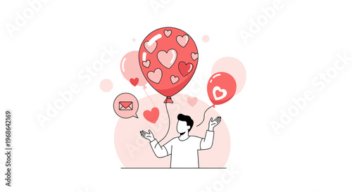 Man holding heart balloons, love, romance and celebration concept, flat design
