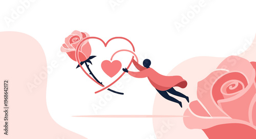 Man holding heart icon with rose, love concept, romance, minimalist vector art