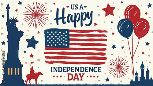 Patriotic Independence Day, USA Happy, American Flag, Fireworks Vector