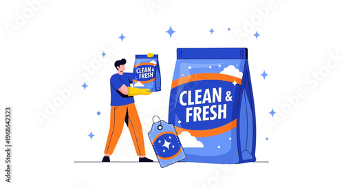 Man Holding Laundry Detergent Bag with Clean & Fresh Branding