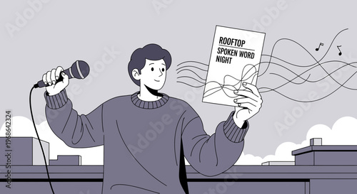 Man Holding Microphone, Reading Book at Rooftop Spoken Word Night Event