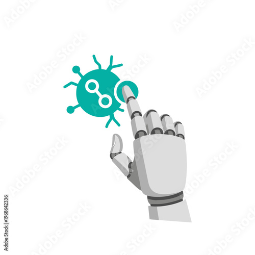 Robot hand touching virus molecule graphic.