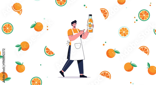 Man Holding Orange Juice Bottle Surrounded by Oranges, Fresh Citrus Fruit Pattern