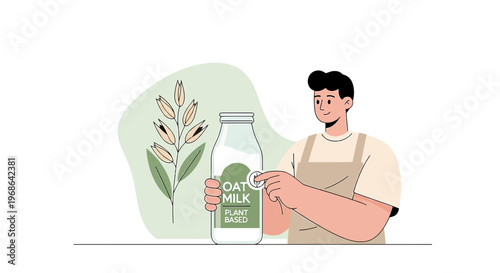 Man Holding Oat Milk Bottle with Oat Stalks Illustration