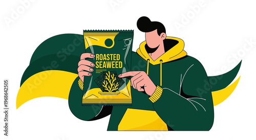 Man Holding Roasted Seaweed Snack Pack with Tropical Floral Elements