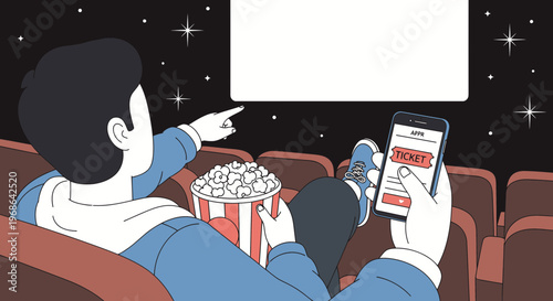 Man holding smartphone with movie ticket in cinema, pointing to screen, popcorn