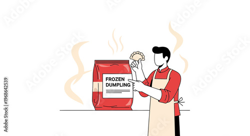 Man Holding Steaming Dumpling Next to Frozen Dumpling Bag