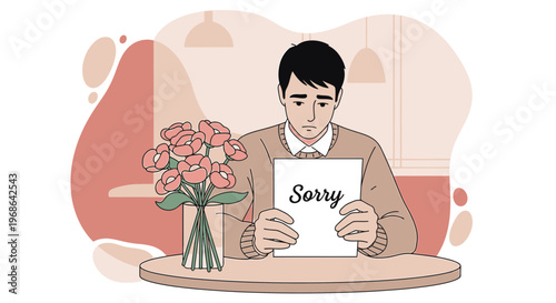 Man Holding Sorry Sign with Flowers, Apology Concept, Romantic Gesture