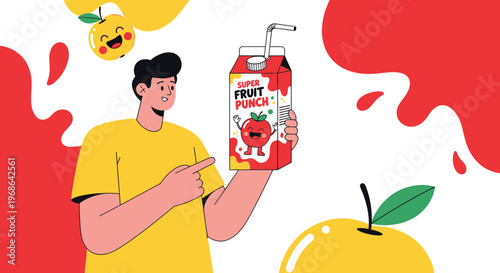 Man Holding Super Fruit Punch Juice Box with Cartoon Apple Character