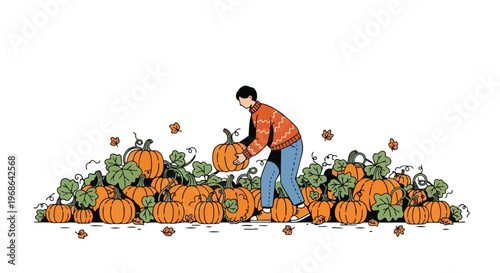 Person Picking Pumpkins in Autumn Harvest Field Illustration