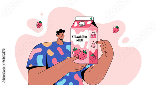 Man Holding Strawberry Milk Carton, Abstract Shapes and Strawberries