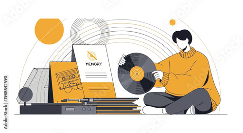 Man Holding Vinyl Record with Vintage Turntable and Memories - Illustration
