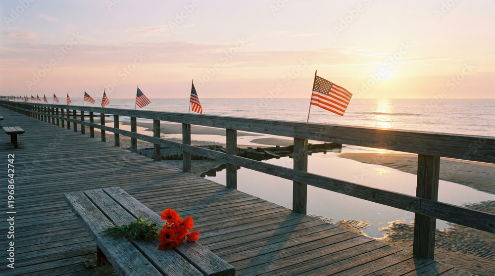 Fototapeta premium Memorial day tribute with American flag on wooden pier at sunrise and red poppy flowers on bench creating peaceful and respectful atmosphere