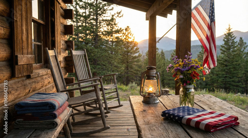 Memorial day porch with wooden rocking chair and lantern at sunset with folded flag and wildflowers creating peaceful outdoor scene