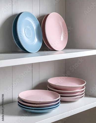 Assortment of ceramic plates, various shades of blue and pink, displayed on white shelves