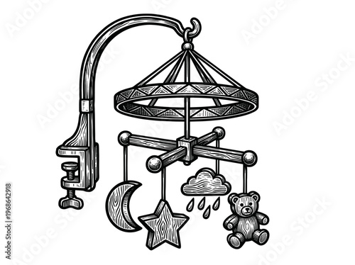 Vintage Baby Crib Mobile Engraving Illustration Black and White Line Art