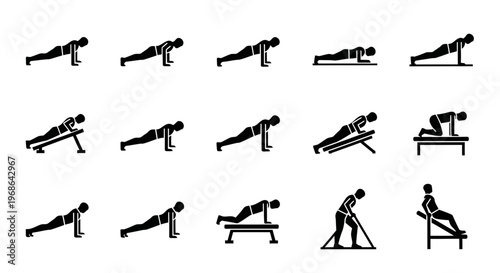 Black silhouette icons of people exercising with dumbbells.