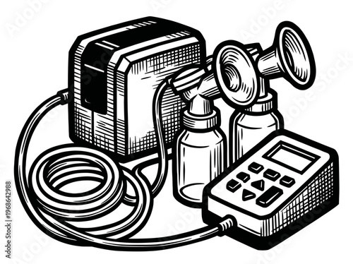 Vintage Electric Breast Pump Engraving Illustration Black and White Line Art
