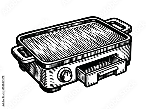 Vintage Electric Griddle Engraving Illustration Black and White Line Art