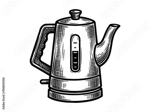 Vintage Electric Kettle Engraving Illustration Black and White Line Art