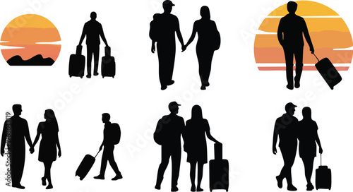 People Traveling With Luggage Silhouettes Against Sunset Scenes