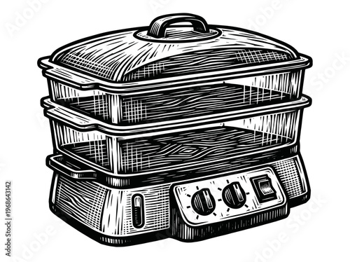 Vintage Electric Food Steamer Engraving Illustration Black and White Line Art