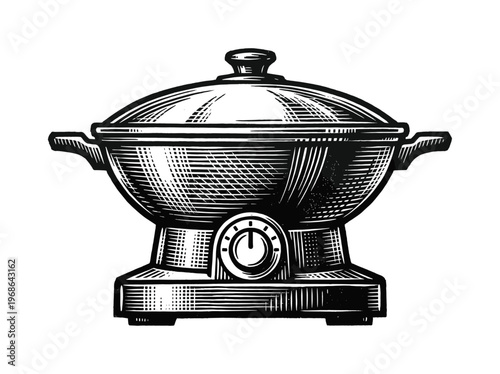 Vintage Electric Wok Engraving Illustration Black and White Line Art