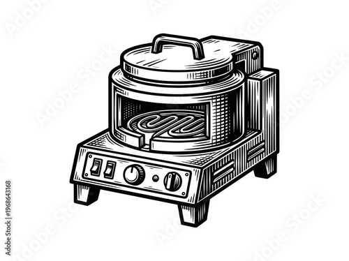 Vintage Electric Tandoor Oven Engraving Illustration Black and White Line Art