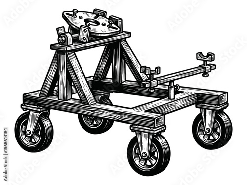 Vintage Engine Stand Engraving Illustration Black and White Line Art