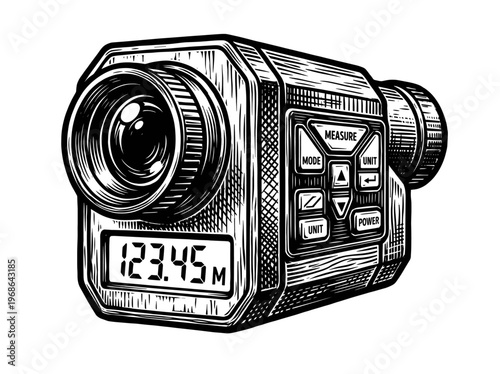 Vintage Electronic Distance Meter EDM Surveying Instrument Engraving Illustration Black and White Line Art
