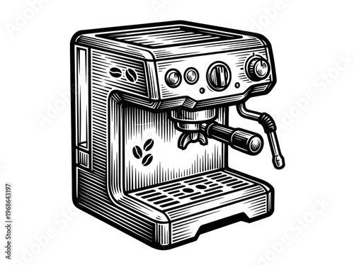 Vintage Espresso Machine Engraving Illustration Black and White Line Art