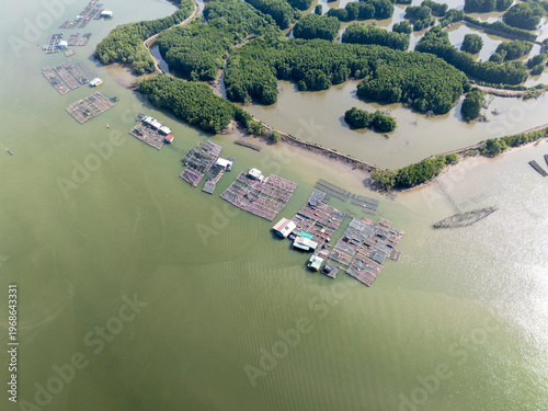 View of a large body of water with many small boats and houses on the shore. The water is green and the sky is blue