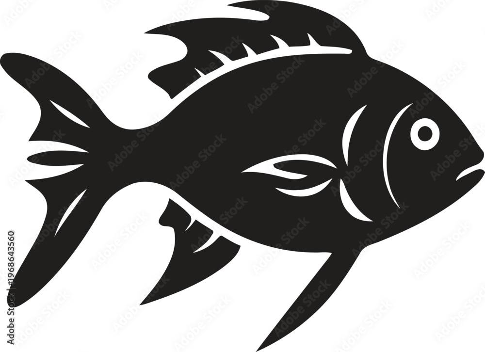 Fototapeta premium A black and white minimalist icon featuring a simple silhouette design of a swimming ocean fish