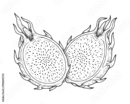 Two halves of a dragon fruit cut open showing seeds and texture